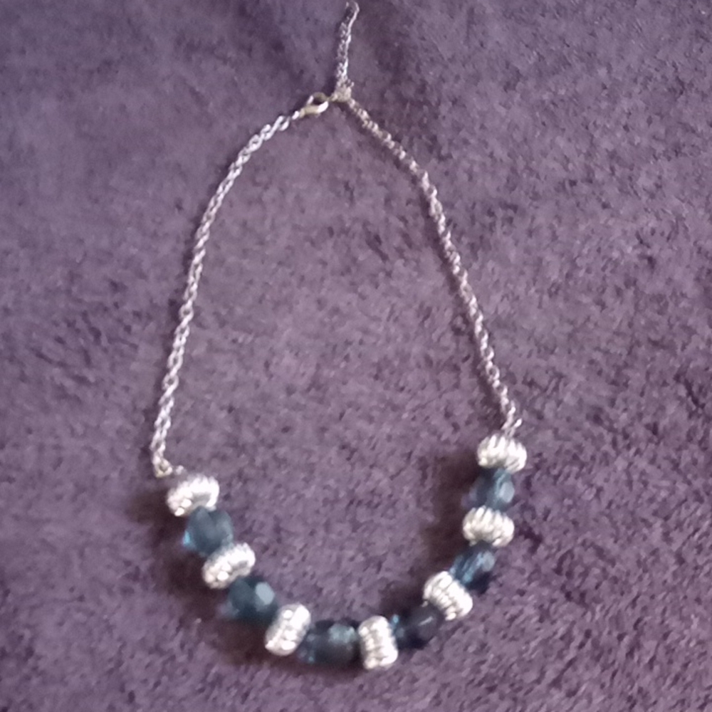 Blue stones and engraved silver beads on a silver necklace 18.5" match earrings
